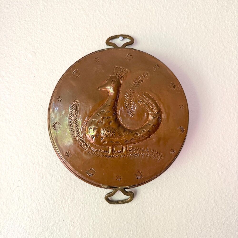 Vintage Copper Peacock Wall Hanging / Rustic Boho Bird Folk Art / Embossed Metal